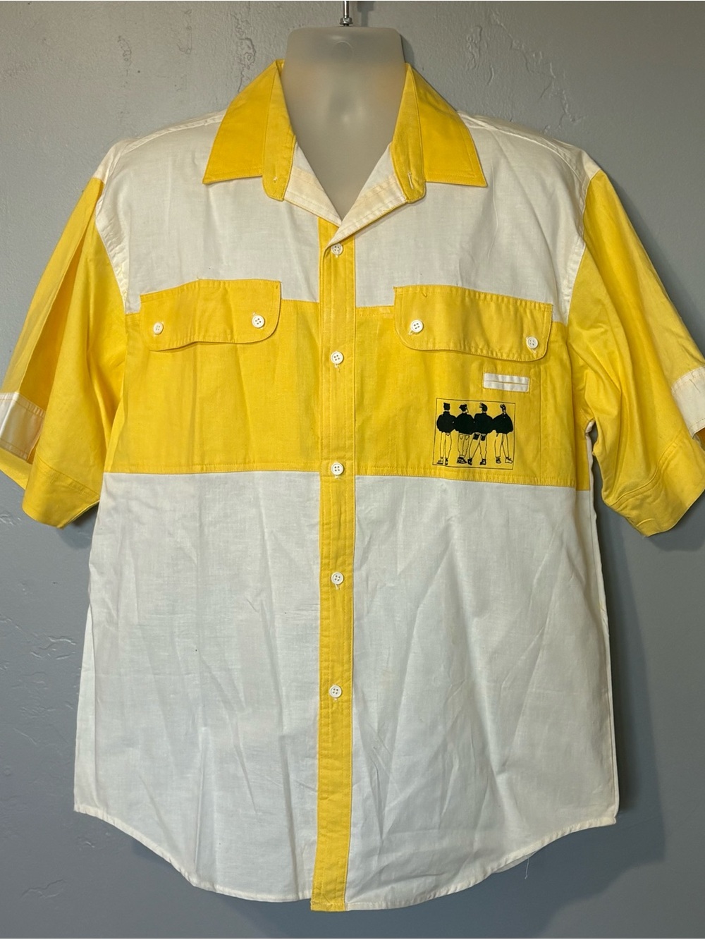 Vtg 80s Men's H.J. Regis Yellow Color Block Button Down Shirt sz L screenprint